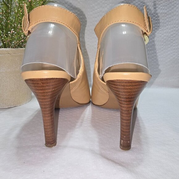 NINE WEST WOMENS PEEP TOE HEEL CAMEL COLOR LEATHER SIZE 7.5 EXCELLENT CONDITION - Picture 5 of 9